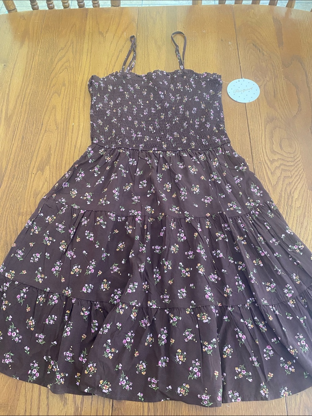 Passport Dark Brown Pink Floral Tiered Sundress with Smocked Bodice Size L NWT